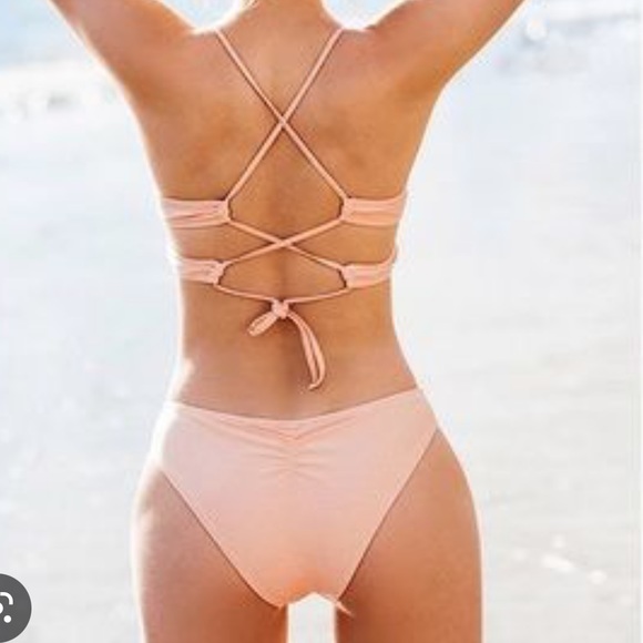 Brand New Pink Solid Lace Up Bikini with lace up straps design at back. Size:L - Picture 6 of 6